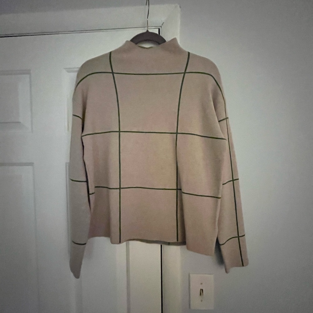 Tahari Beige and green Grid Turtleneck Sweater